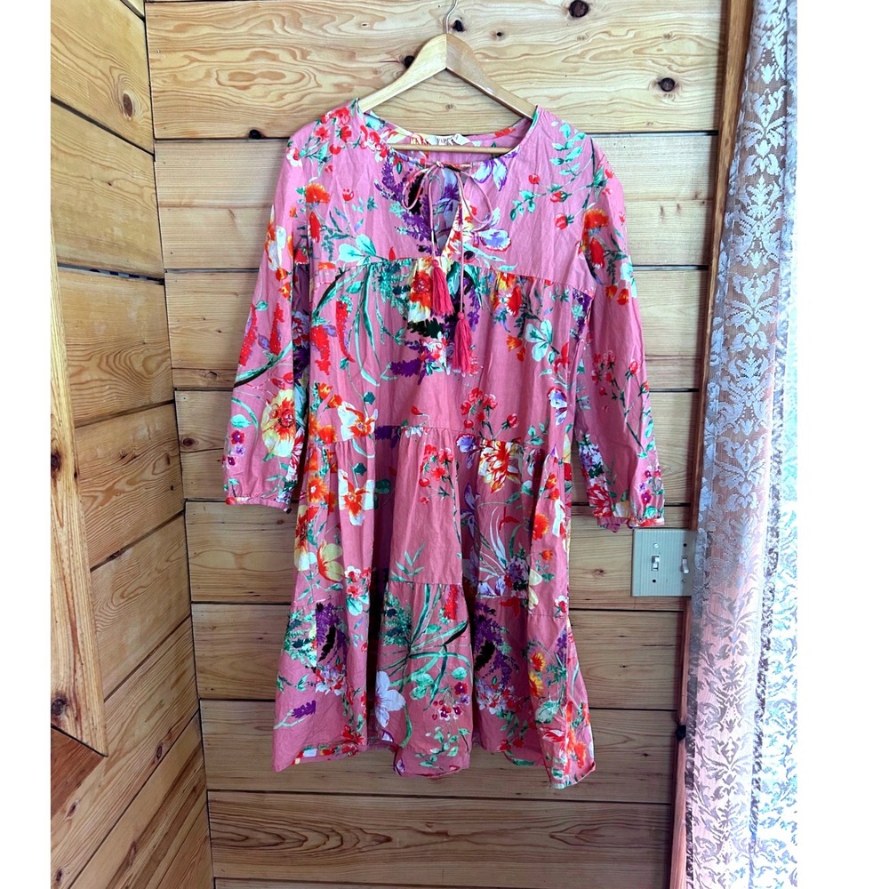 Floral Mini Dress Womens Small Pink Tiered Babydoll Tassel Cottagecore Paprika